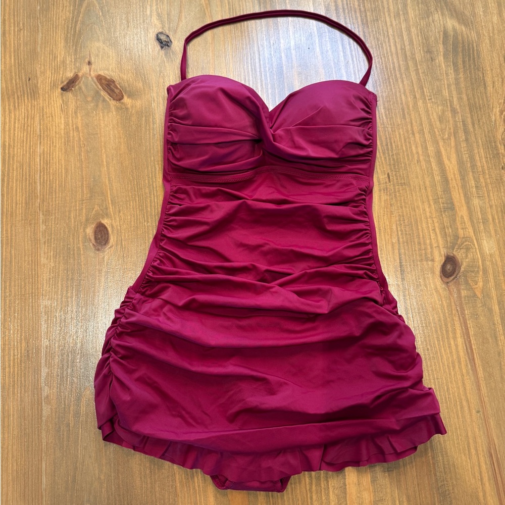 DOBREVA Vintage Crimson One Piece‎ strapless bandeau skirted swimsuit dress 8-10